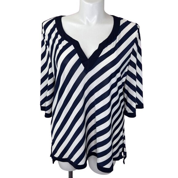 LAPIS NAVY BLUE & WHITE STRIPE V-NECK TOP - 3X - Picture 1 of 4
